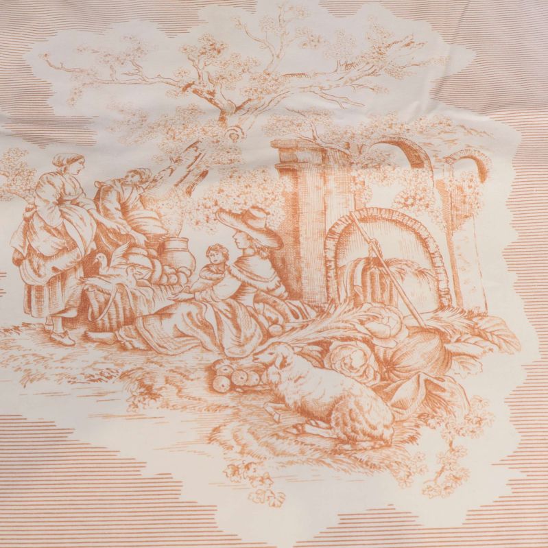 Detaljerat tygmotiv med landskap och personer