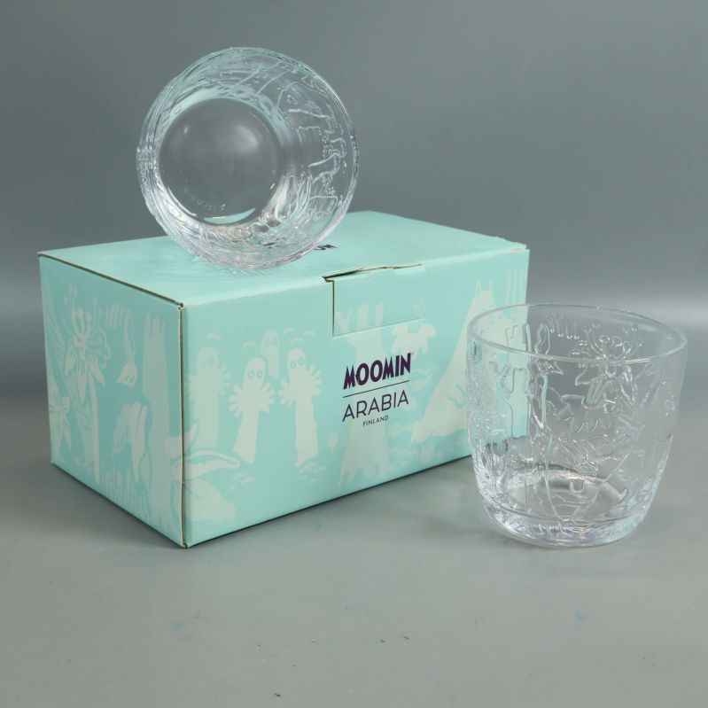 Två Mumin-glas och originalförpackning från Arabia