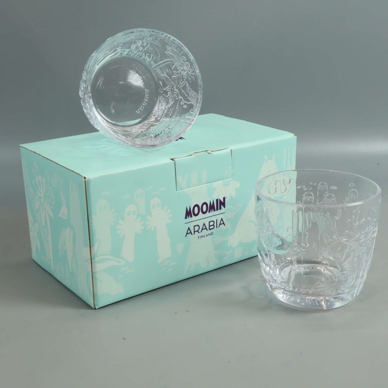 Två Mumin glas och originalförpackning från Arabia