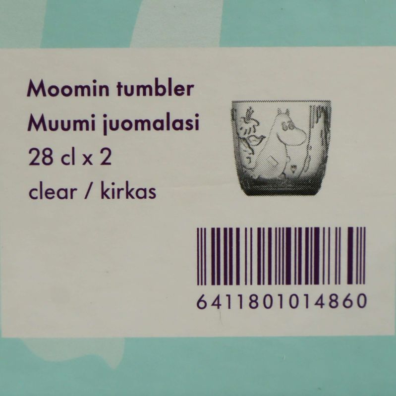Förpackningsetikett med information om Mumin tumbler 28 cl