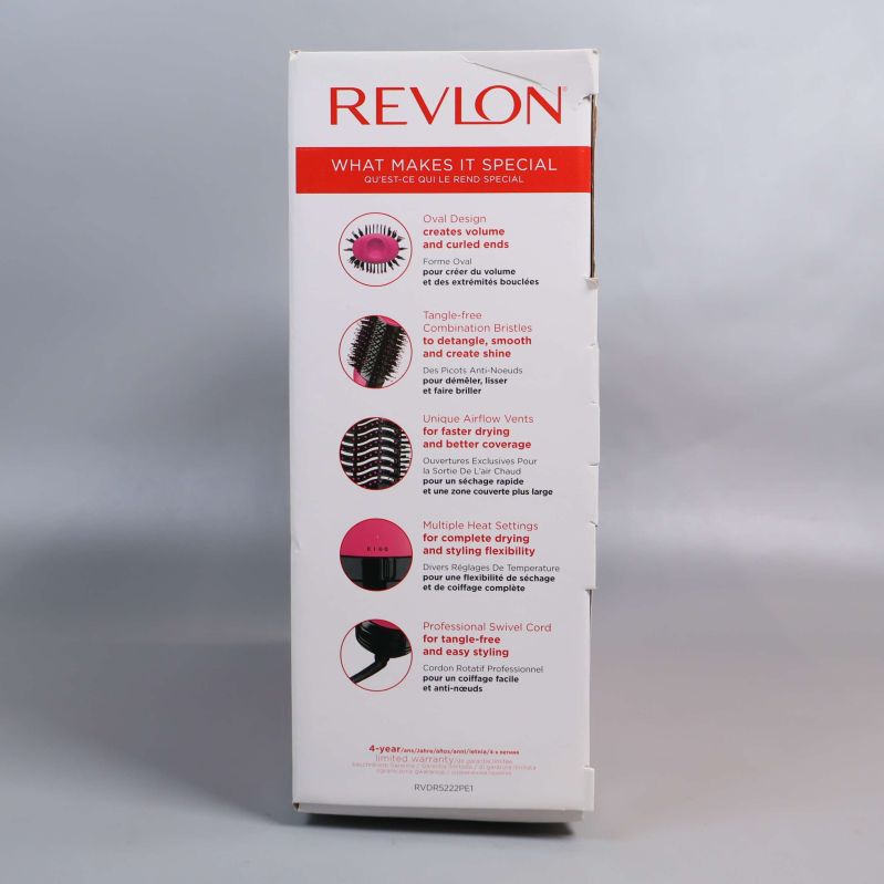 Sidoetikett på Revlon kartong med produktfunktioner
