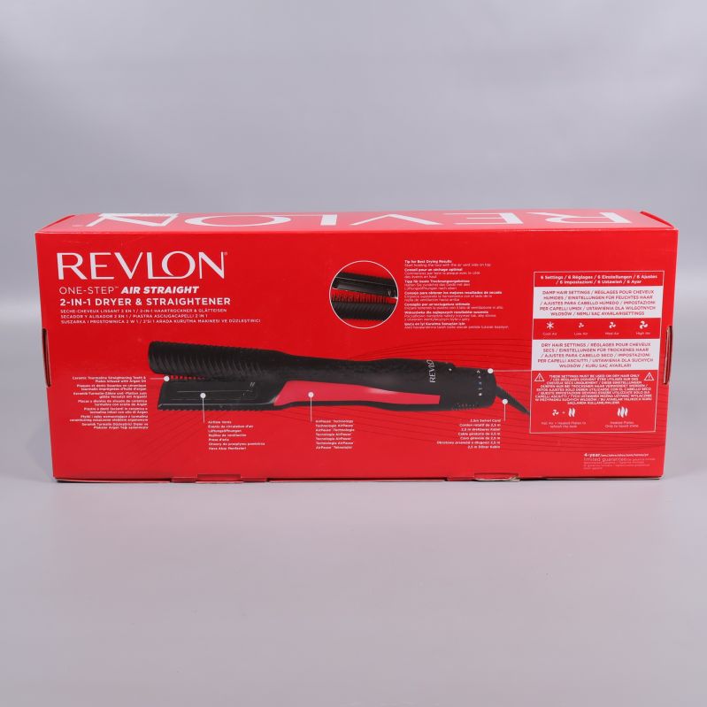 Baksida av Revlon-förpackning med produktbeskrivning och illustration
