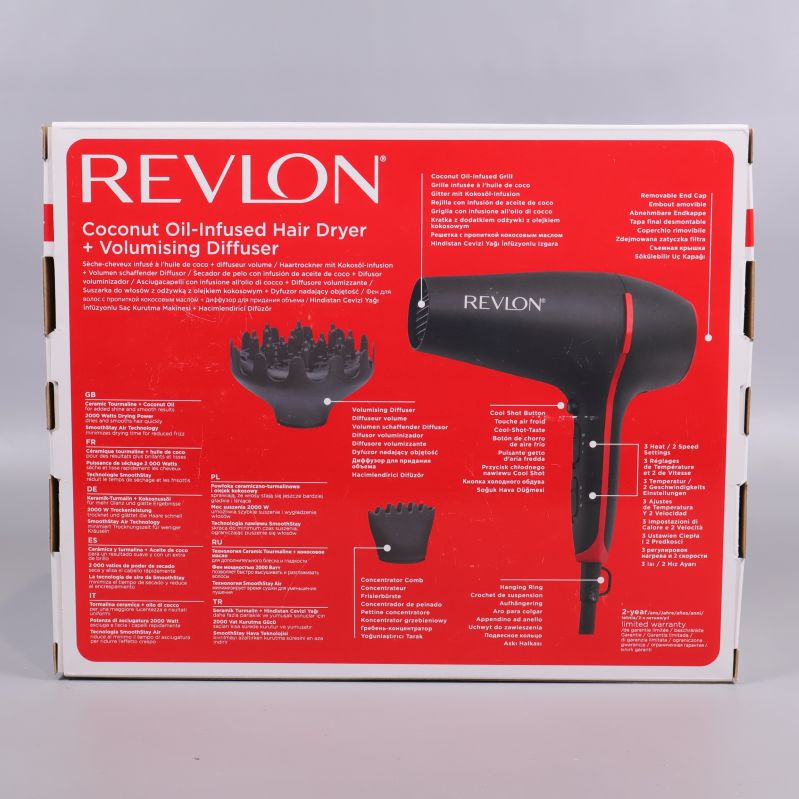 Baksida av Revlon Smoothstay hårföns paket med funktioner