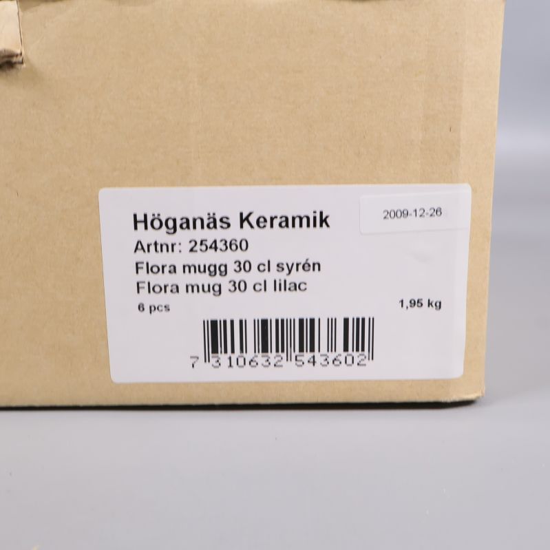 Kartongetikett med information om Höganäs Keramik Flora mugg