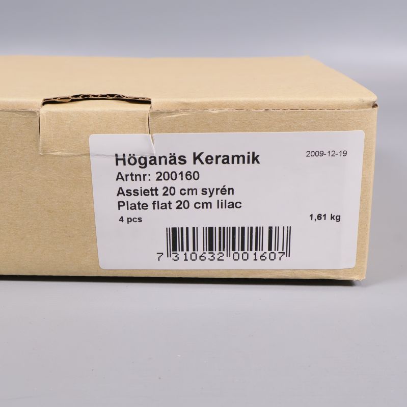 Kartong med etikett för Höganäs Keramik assietter