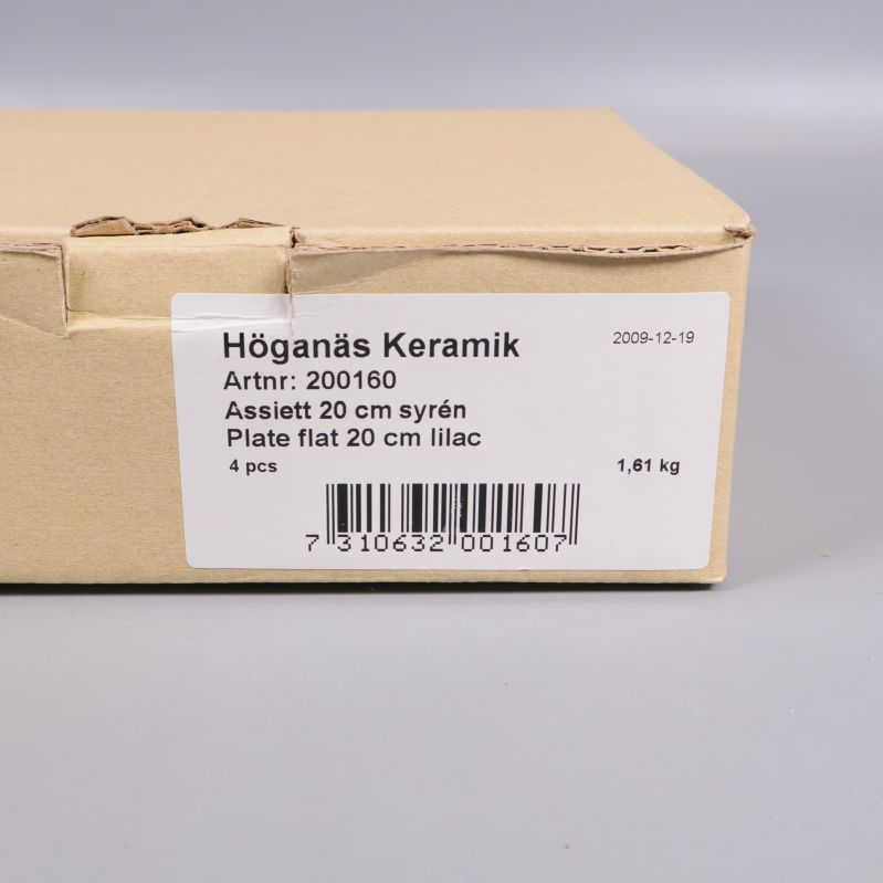 Kartong med etikett för Höganäs Keramik assietter, 4 stycken