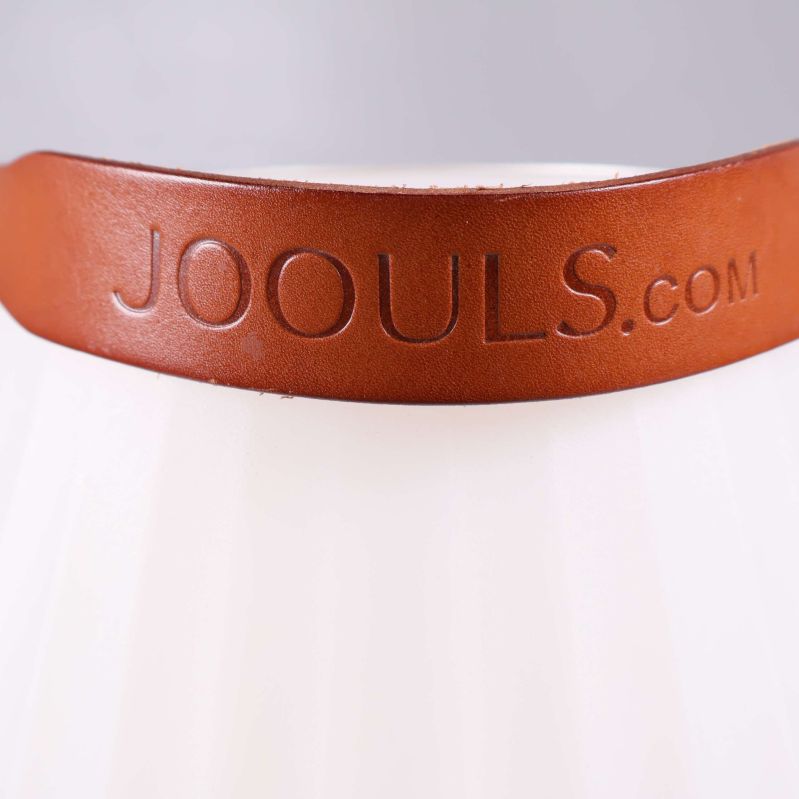 Närbild av läderhandtag med texten JOOULS.COM