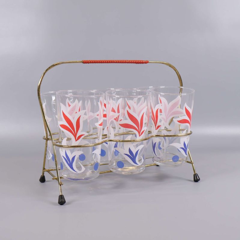 Sex vintageglas i metallställ med blommönster i rött och blått