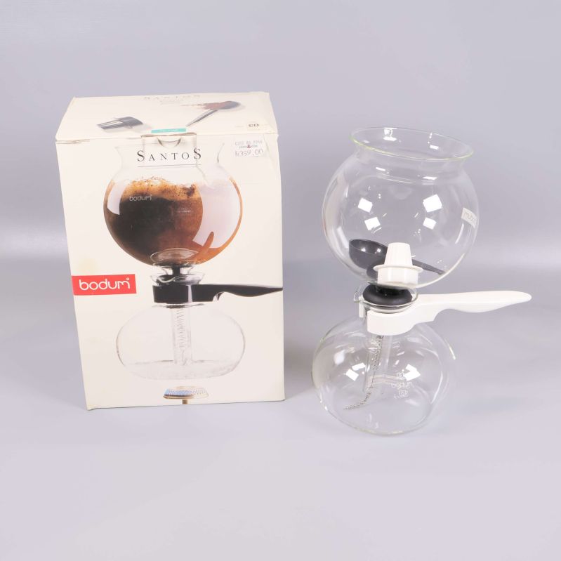 Kaffekokare i glas med originalkartong och vit handtag