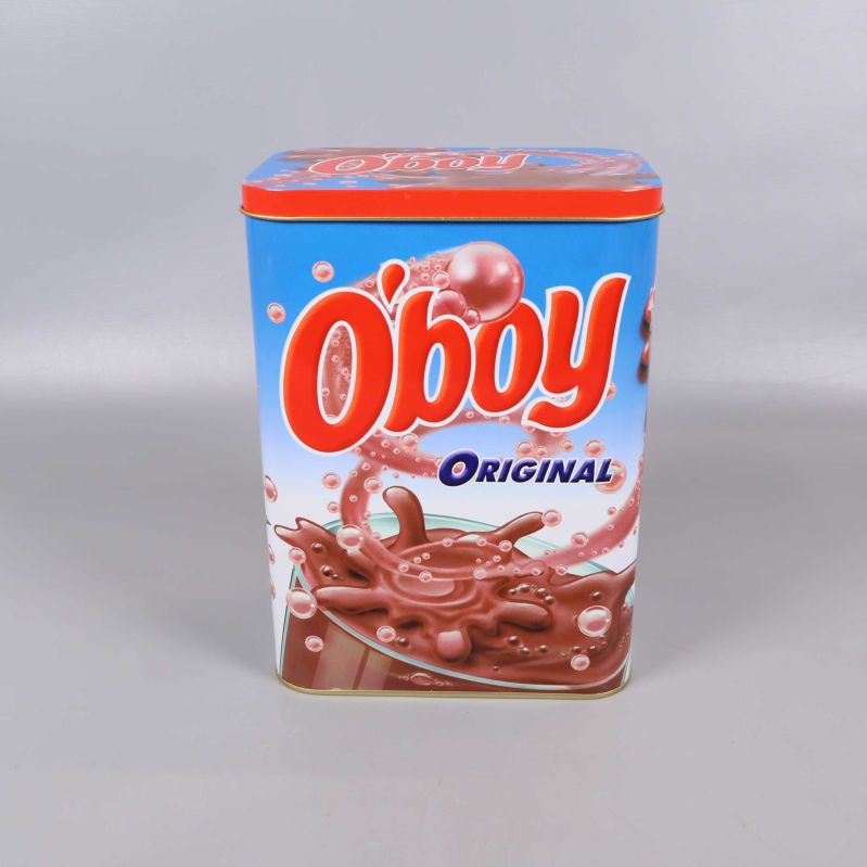 Framsida av O'boy original plåtburk med bubbligt motiv