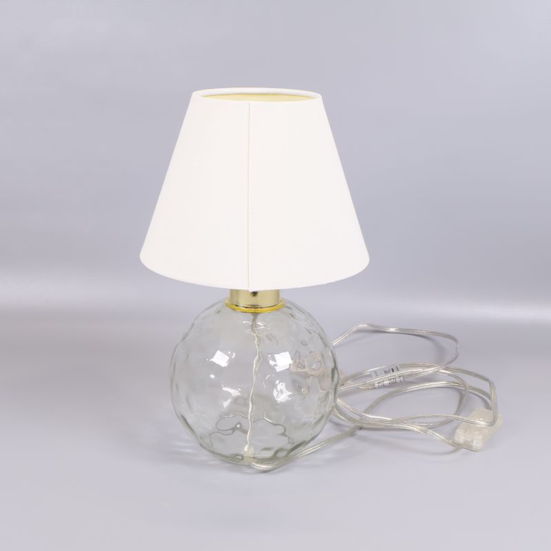 Rund bordslampa i klart glas och vit lampskärm