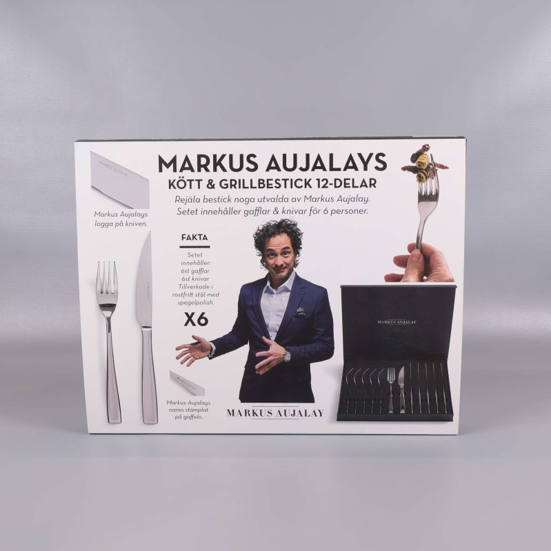 Förpackning till Markus Aujalays bestickset med tolv delar syns framifrån