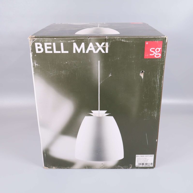 Lampans originalkartong med texten BELL MAXI och sg brand
