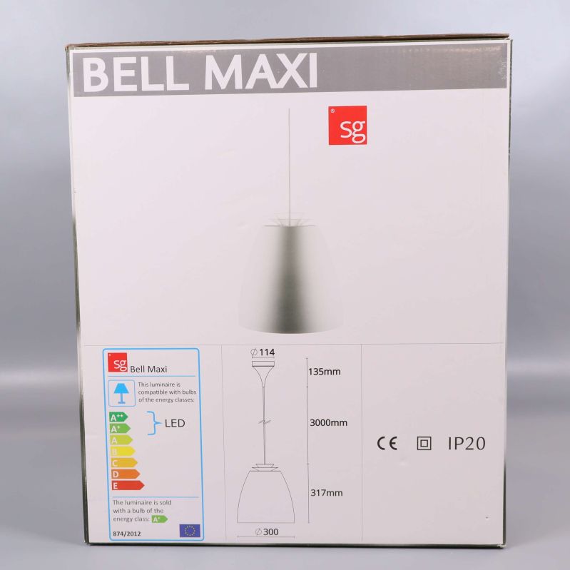 Baksida av Bell Maxi kartong med mått och energimärkning