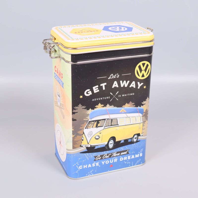 Plåtburk med gult VW-motiv och texten Get away
