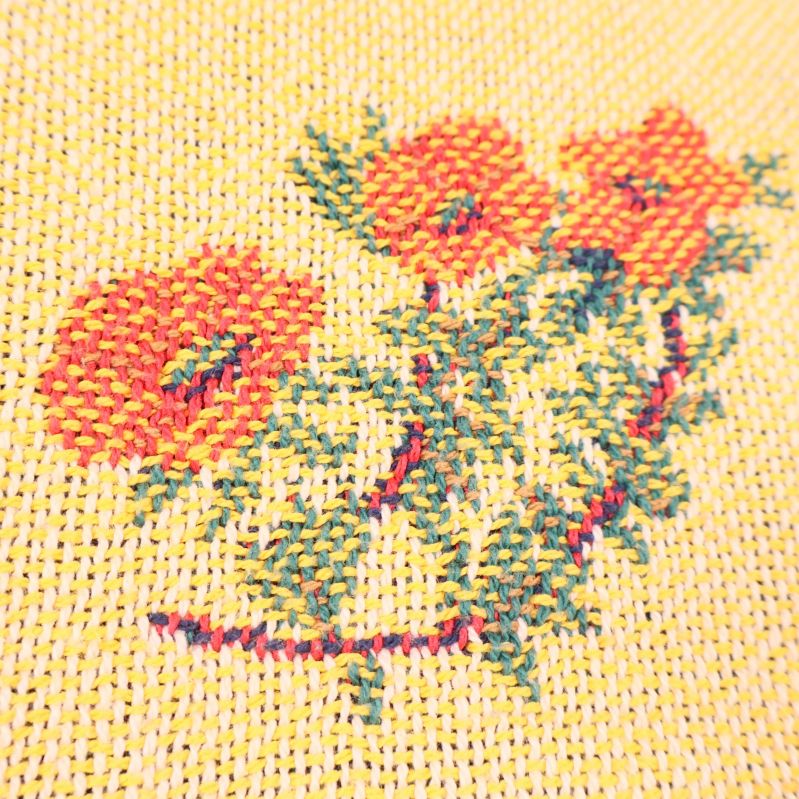 Närbild av orange-gult blommotiv och vävd struktur