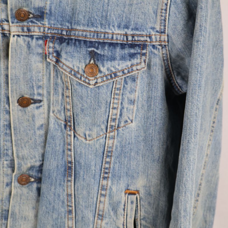 Närbild av fickdetalj på jeansjacka