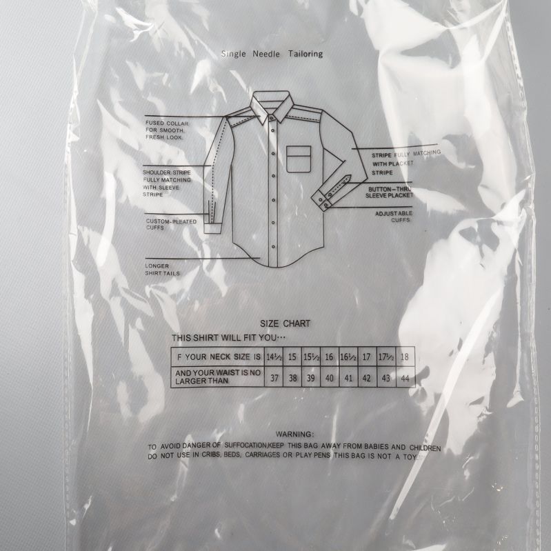 Storlekstabell på förpackningen Transparent plastpåse med storlekstabell