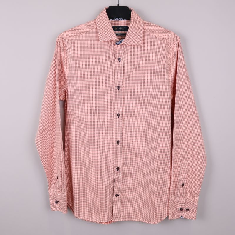 Rutig långärmad skjorta i orange och vitt framifrån