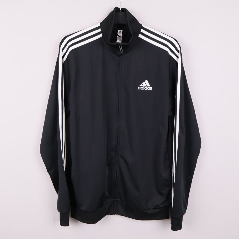 Svart adidas ziptröja med vita ränder framifrån