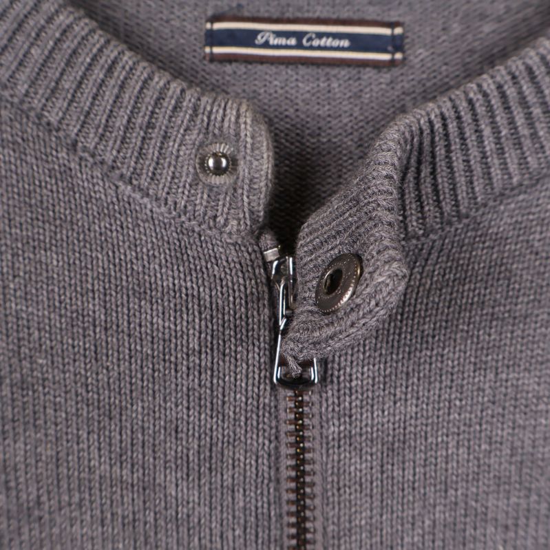 Detaljbild av dragkedja och halsringning med knappstängning