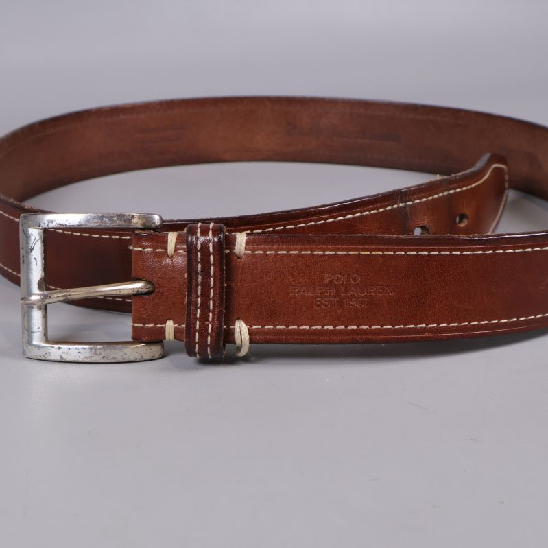 Brunt läderbälte med vit märkning Polo Ralph Lauren