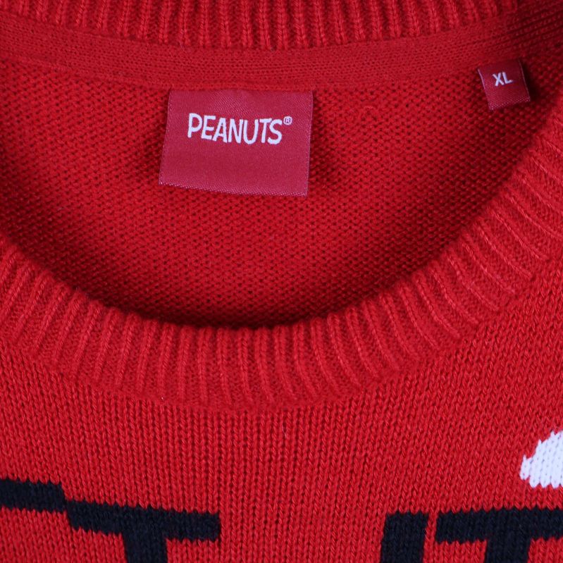 Närbild på etikett med Peanuts och storlek XL i kragen