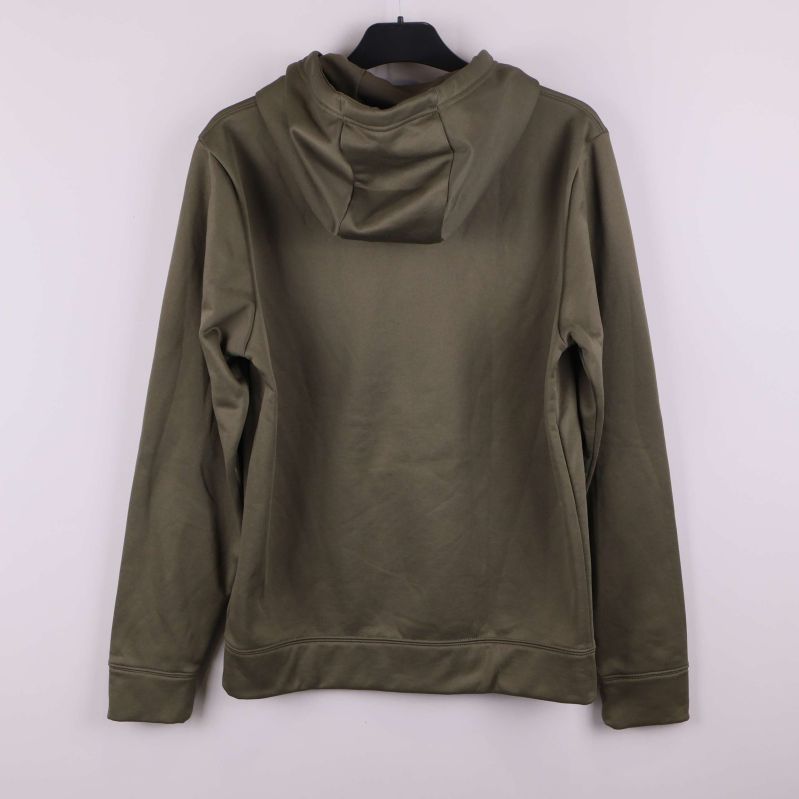 Baksidan av khakigrön hoodie med luva