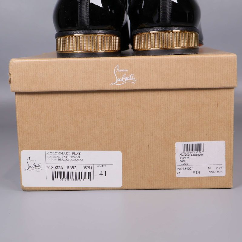 Skokartong med Christian Louboutin-logga och storleksdetaljer