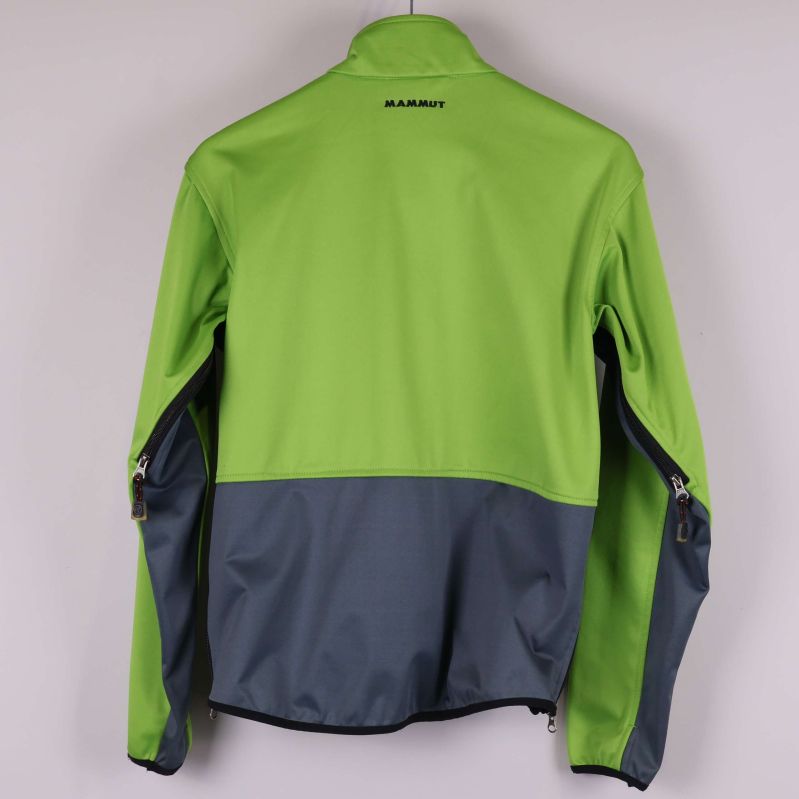 Baksidan av softshelljacka i limegrönt och grått