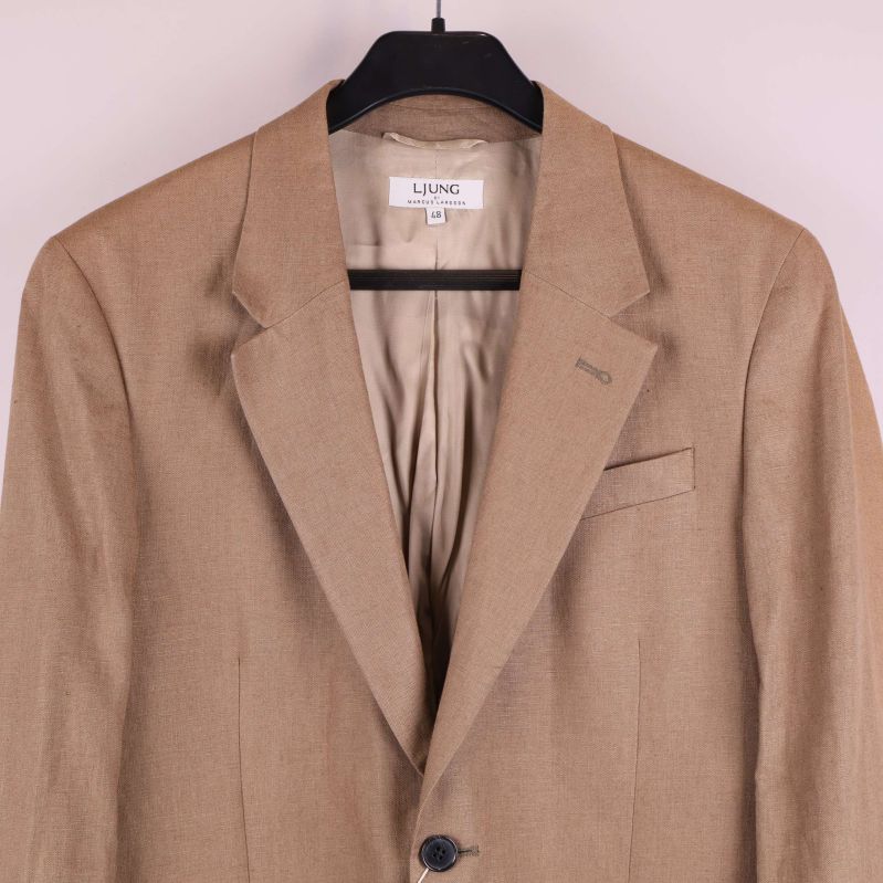 Närbild av slag och knäppning på beige kavaj