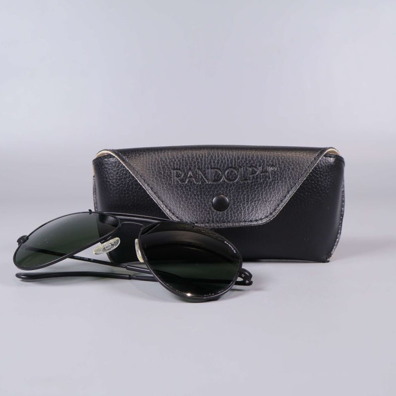 Solglasögon och svart fodral i läder med präglad logga