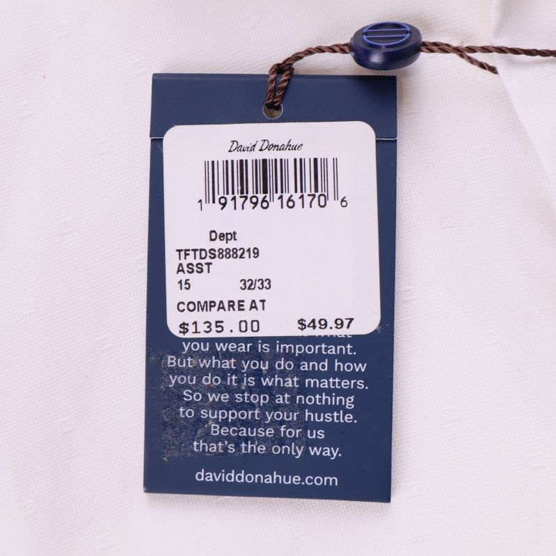 Prislapp med David Donahue och storlek 15 32/33