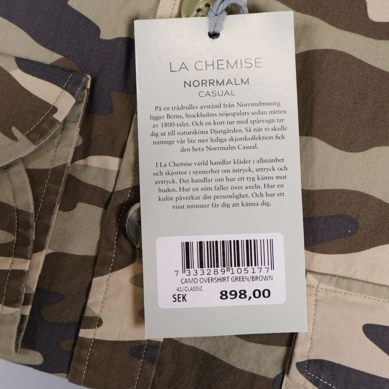 Produktetikett med La Chemise och prisinformation