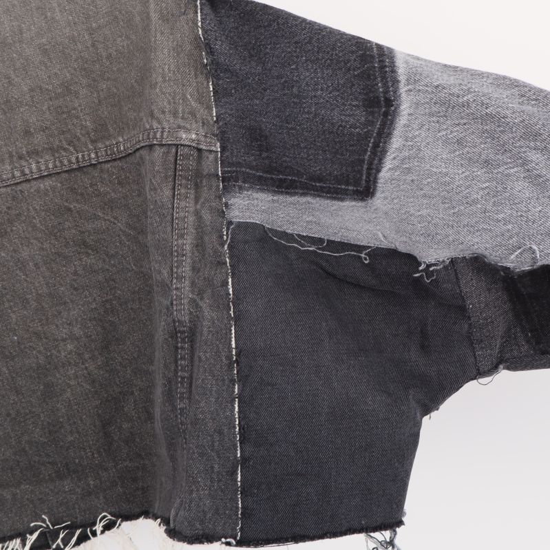 Närbild på denimjackans ärm med patchar