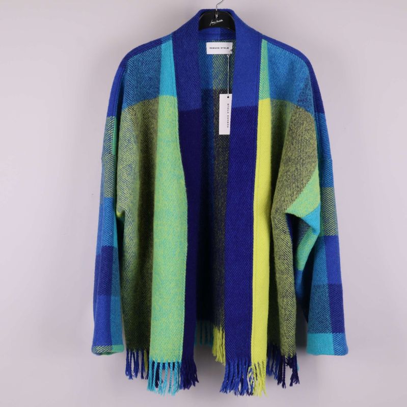 Öppen långärmad kofta med rutigt mönster i blått och grönt