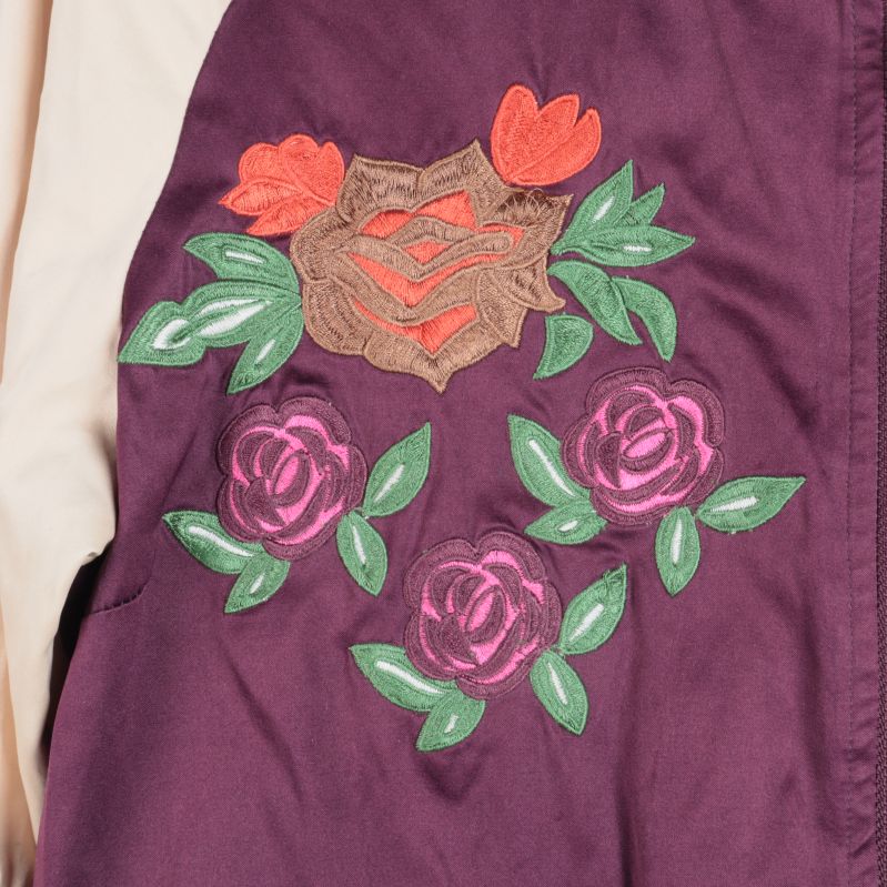 Närbild på blommönster på jackan