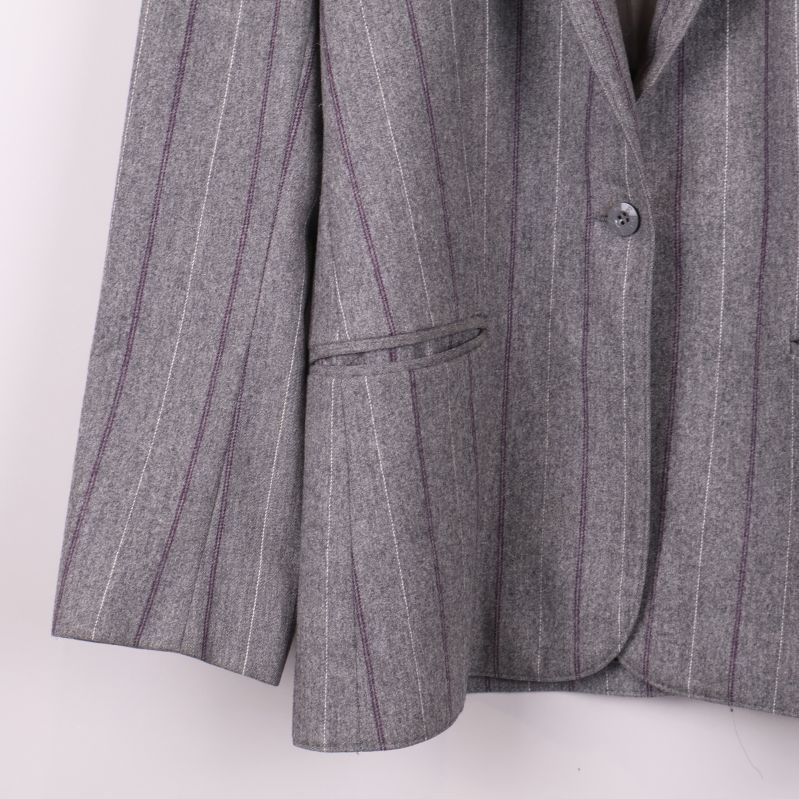 Detaljbild på vänster ficka och nederdel av grå kavaj