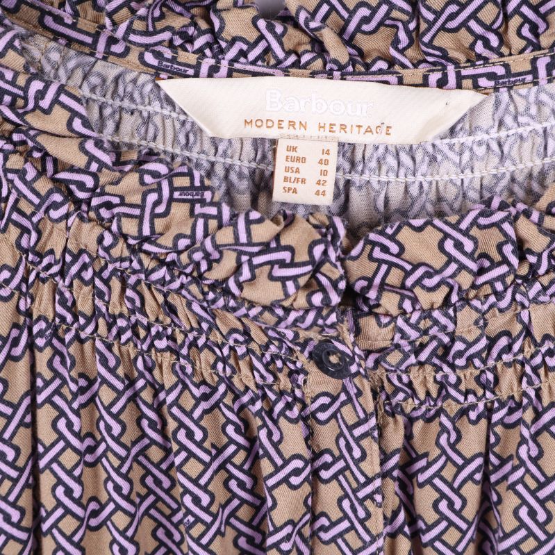 Detaljbild på halsringning och Barbour-etikett på klänning