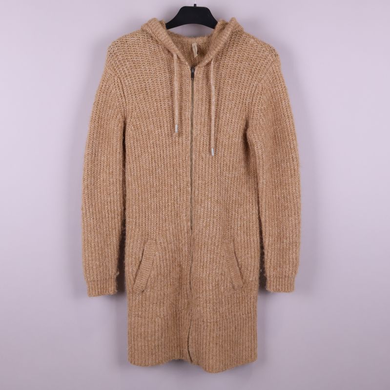 Lång stickad hoodie i beige med dragkedja och huva 