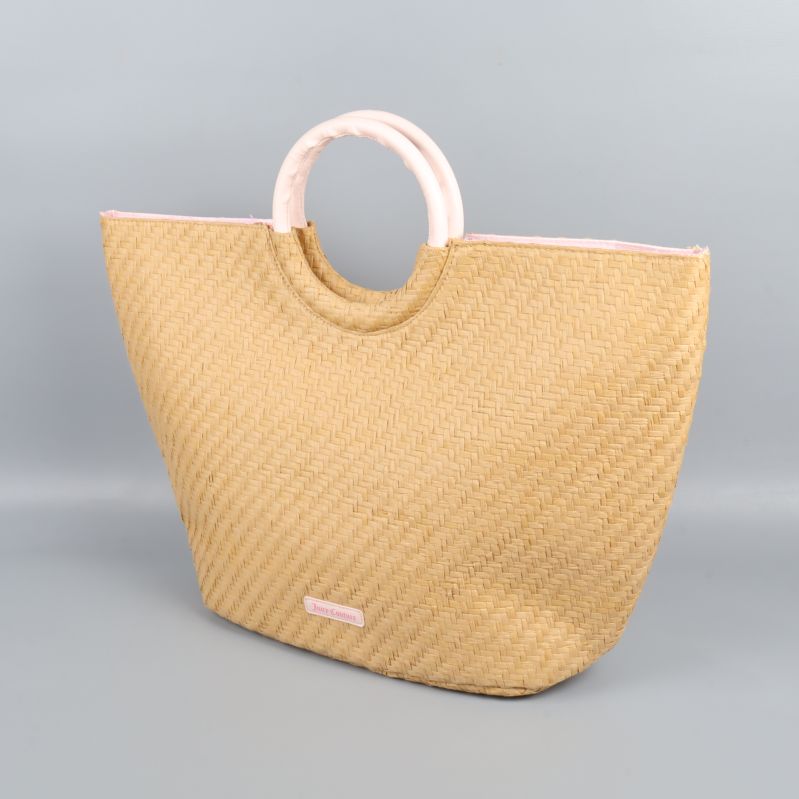 Stor bastväska i naturbeige med ljusrosa handtag