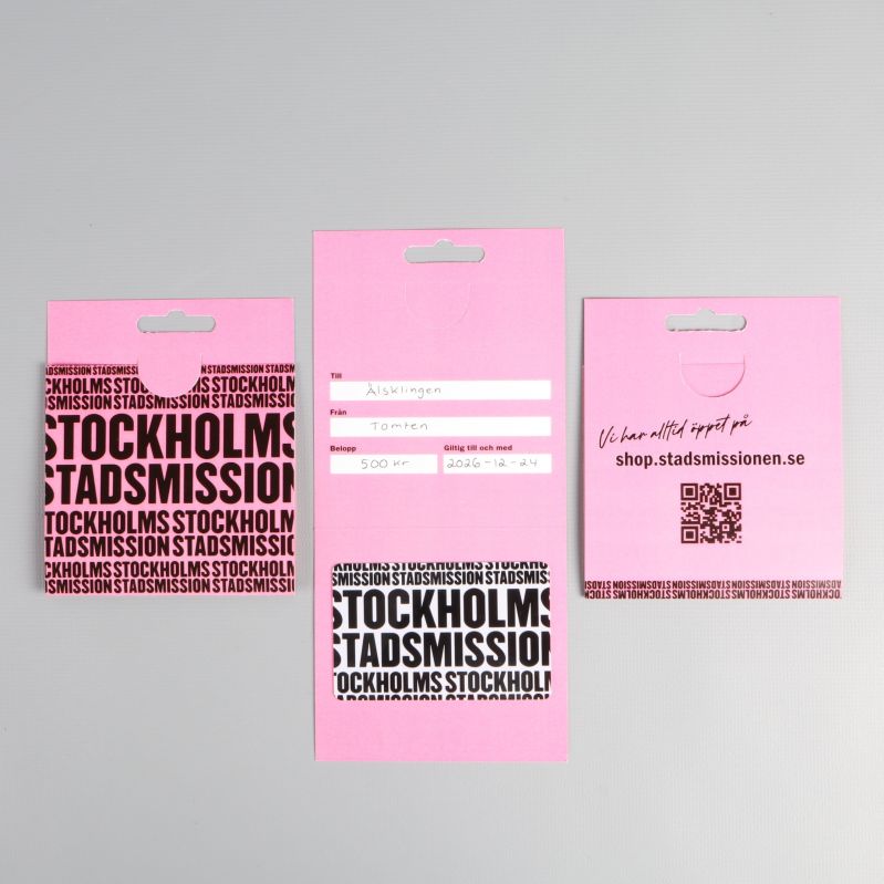 Tre rosa presentkort med tryck och fönster för kortet