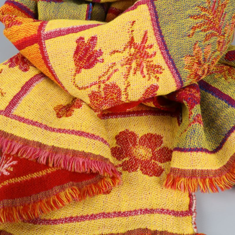 Närbild på gult tyg med röda blommor och rutor