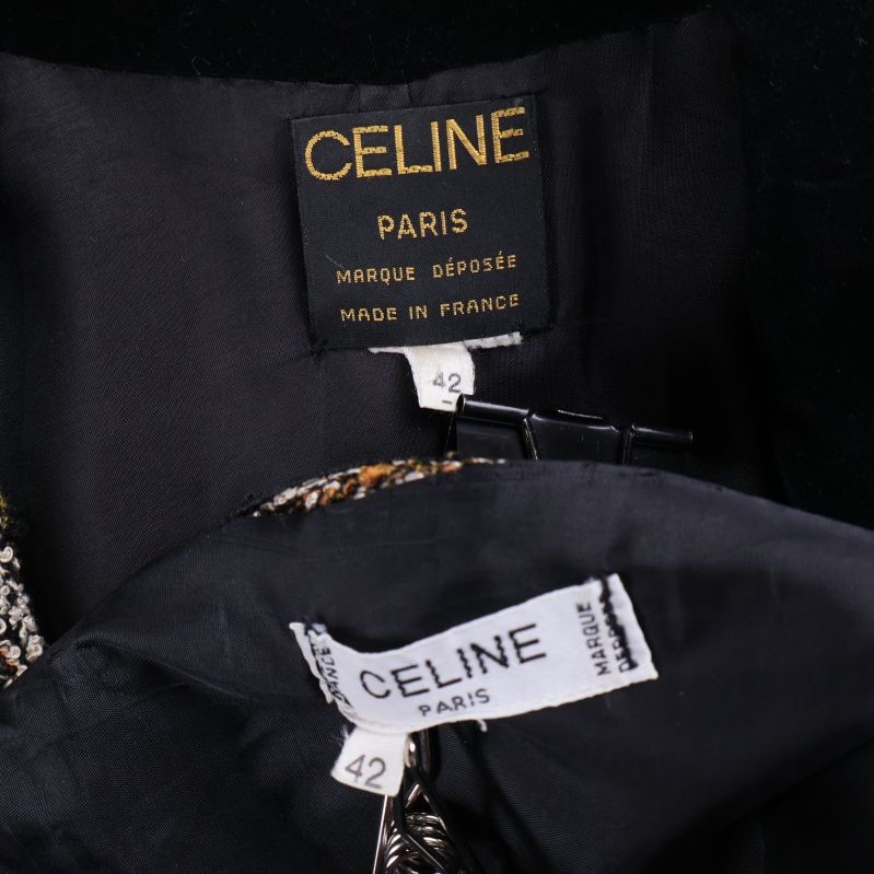 Närbild på Celine-märkning och storleksetikett inuti plagget