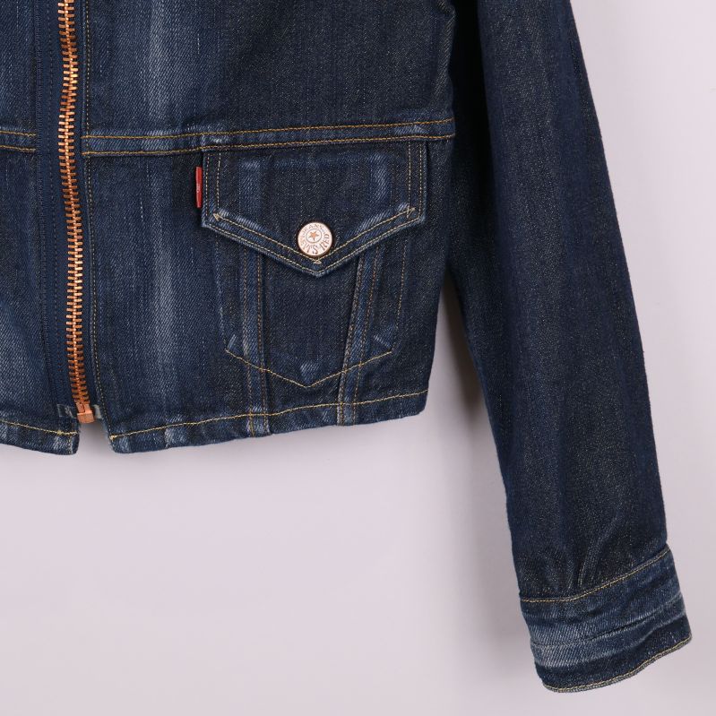 Närbild på jeansjackans ärm och ficka