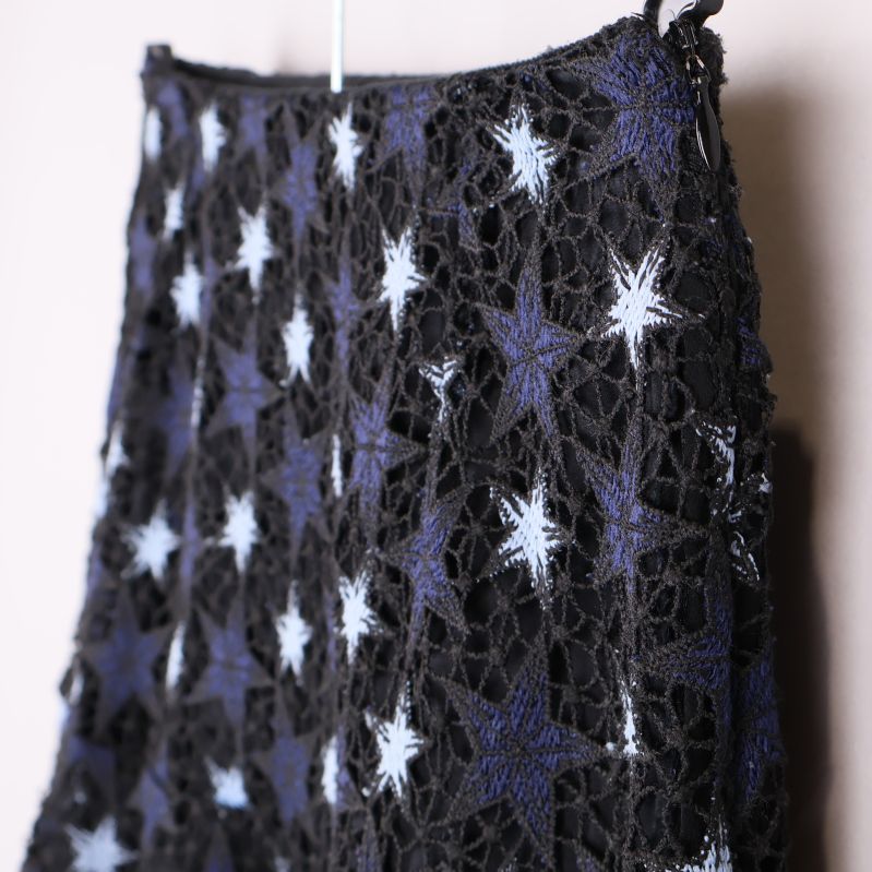 Sidovy av kjol med luckor och broderade stjärnor