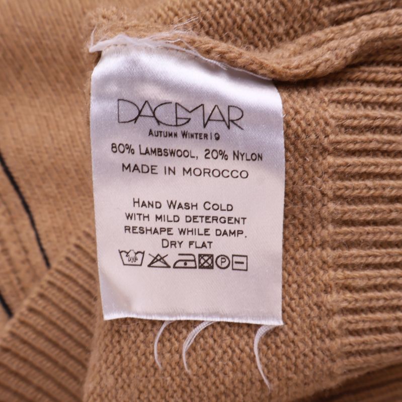 Materialetikett visar 80% lammull och 20% nylon