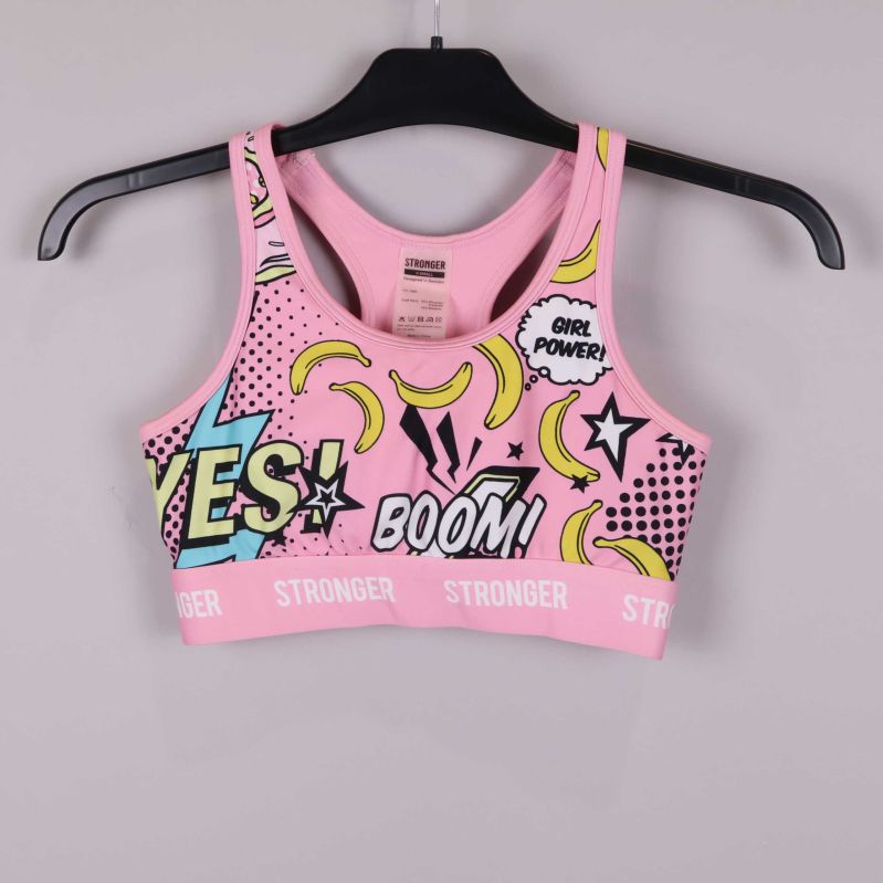 Sport-bh med färgglada tryck på galge framifrån