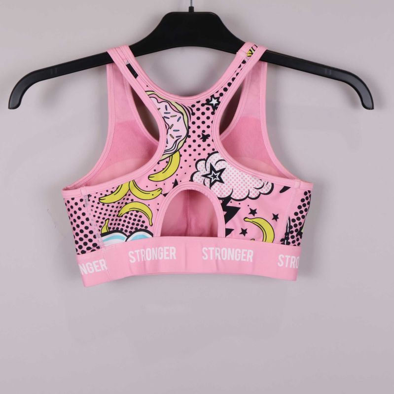 Baksida av rosa sport-bh med popmönster