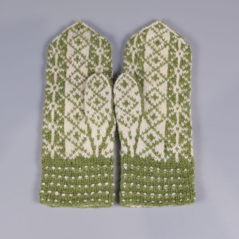 Baksidan av båda gröna och vita tumvantar